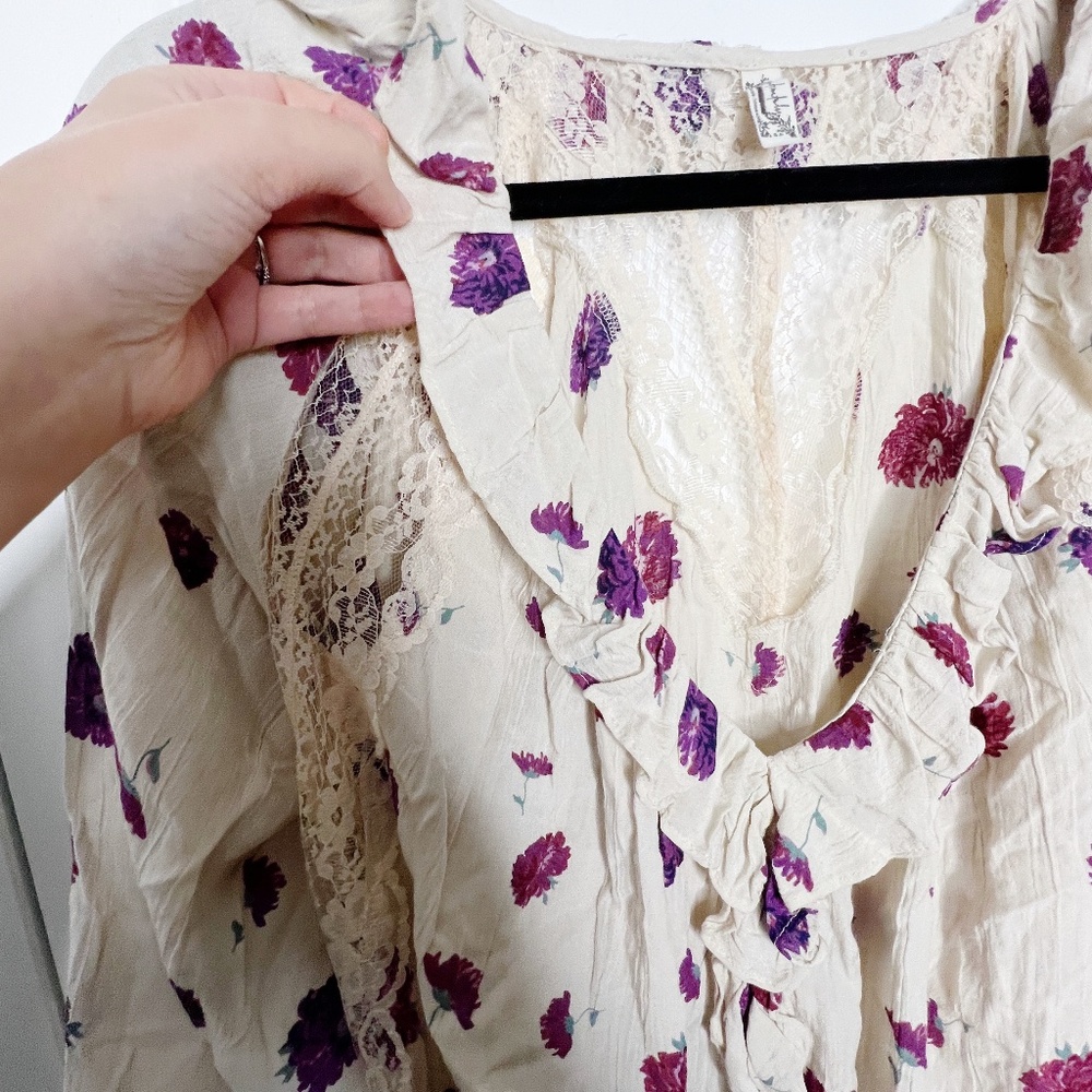 Free People Floral Poppy Printed Bodysuit Ruffle lace Cream Size S Pink - Picture 7 of 14